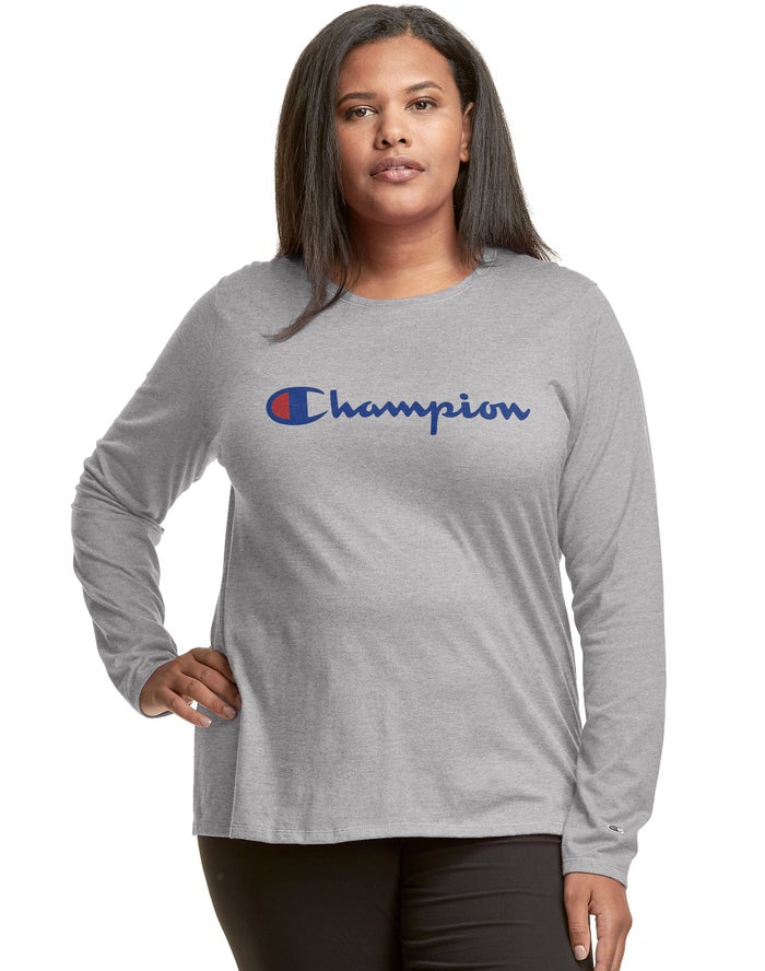 Champion Plus Classic Long-Sleeve Script Logo - Naisten Harmaat T-Paita - Suomi 7563120-XR